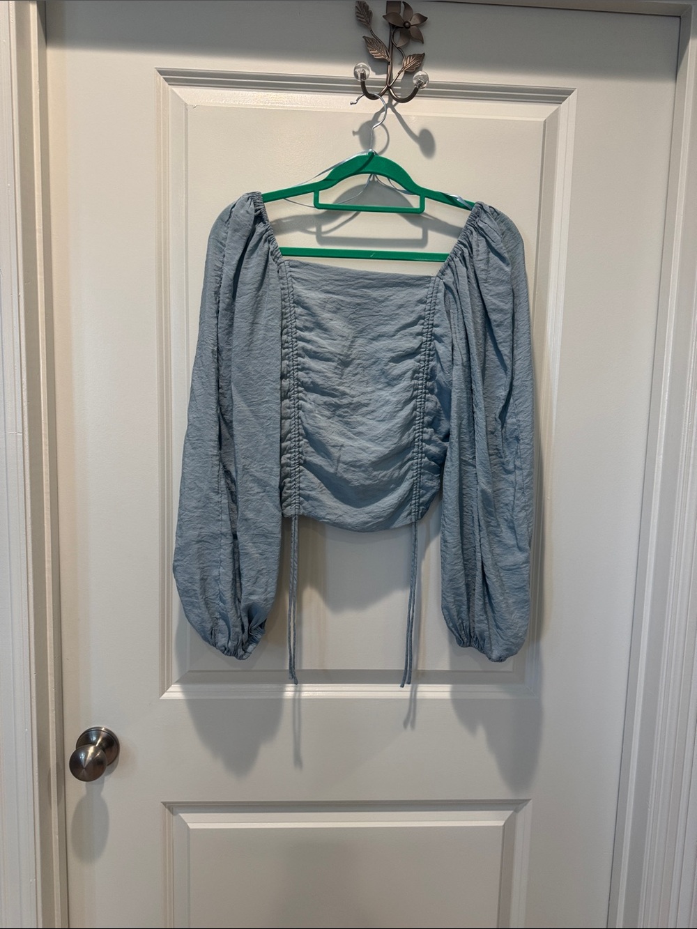 Light Blue Puff Sleeve Ruched Crop Top